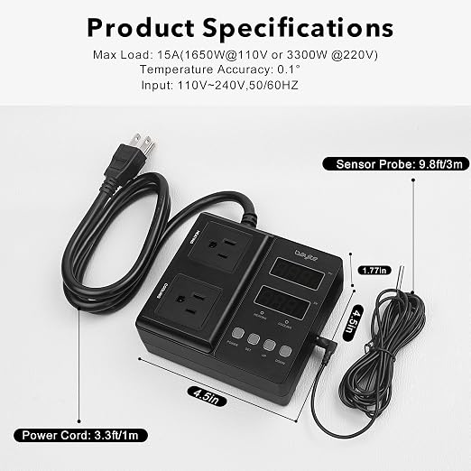 Temperature Controller 1650W 15A BTC211 Dual Digital Outlet Thermostat Plug, Pre-Wired, 2 Stage Heating and Cooling Mode, 110V - 240V, Fermentation BBQ Reptile Aquarium
