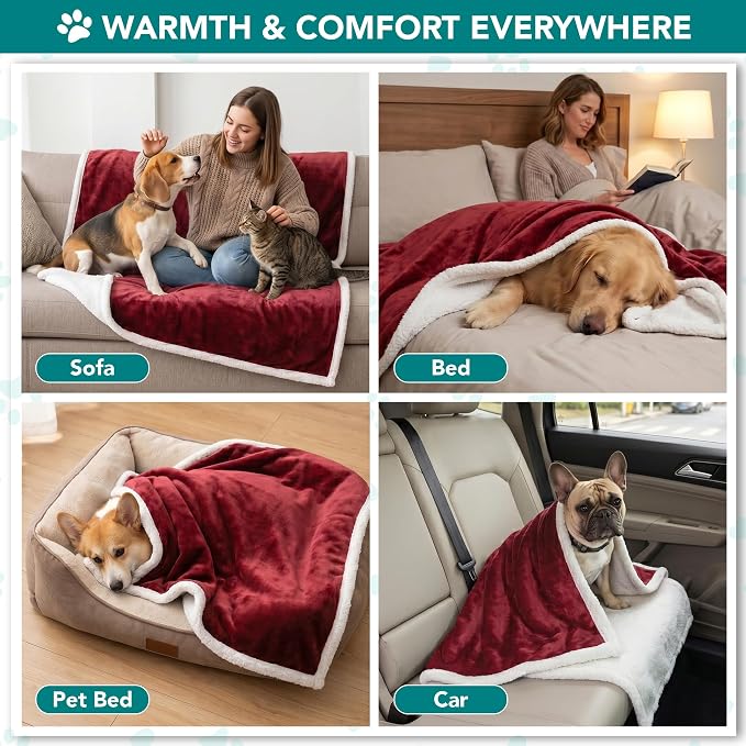 PetAmi Dog Blanket for Small Medium Dogs Cats Puppies Kittens, Soft Sherpa Fleece Pet Blanket Throw, Reversible Plush Couch Cover Protector for Crate Carrier Chair, Machine Washable, 40x29, Dark Red