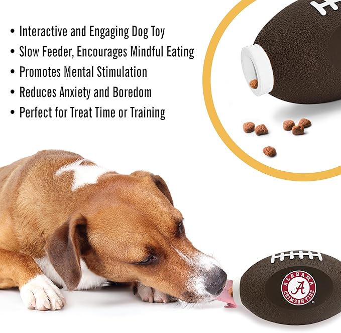 NCAA Alabama Crimson Tide Football Treat Dispensing Toy for Dogs and Cats, Rubber Ball Pet Toy, Interactive Fun Doggie Treat Toy, Natural Rubber Feeding Toy