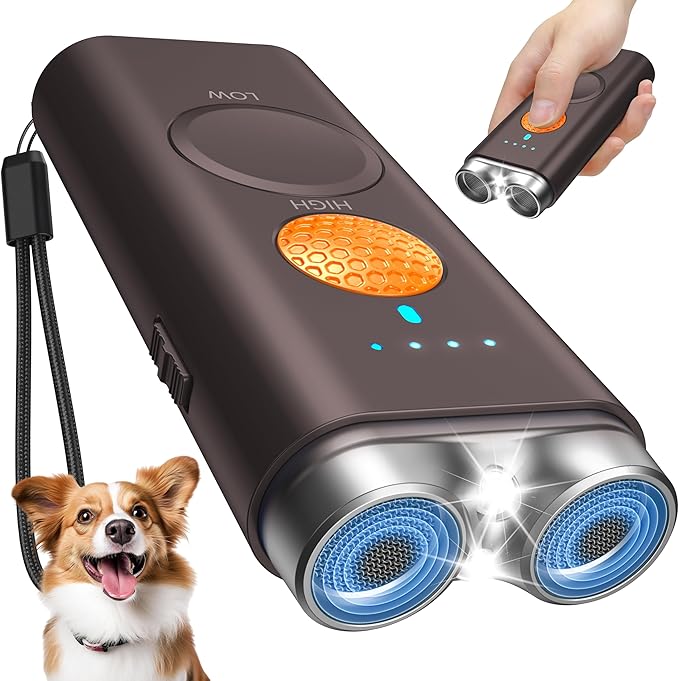 Dog Bark Deterrent Device, Anti Barking Device for Dogs Training Indoor Outdoor No More Bark Ultrasonic 2X Effective Emitters 50ft Range to Stop Neighbors Dog Barking Rechargeable for All Dogs