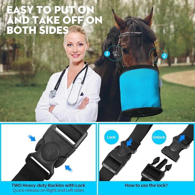 Horse Feed Bag for Grain, Breathable Mesh Feed Bags for Horses, Muzzle Feedbag for Feeding Grain, Anti-Spill Design Feeder, Soft Neck Pad Nose Pad, Universal Fit (Sky Blue 1 Pack)