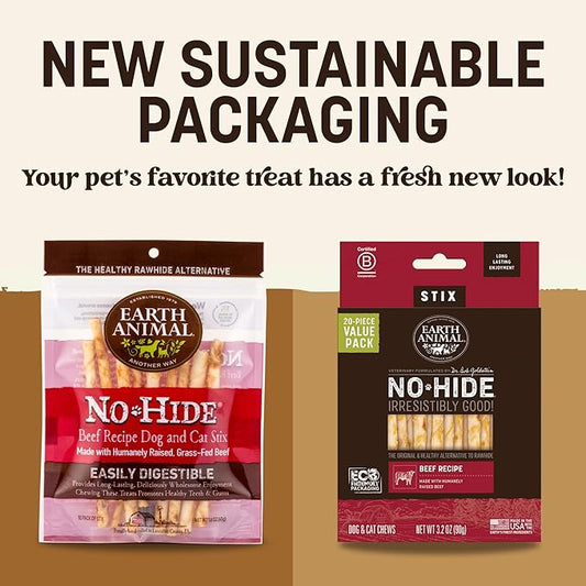 Earth Animal No Hide Stix - Long Lasting Rawhide Free Small Dog Chews Sticks, Beef - 40 Count Extra Value Pack