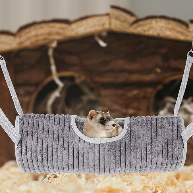Pet Ferret Tunnel and Hanging Bed Gray Comfortable Small Animal Hammock with Nest for Hamsters Squirrels Suitable for Cage Resting