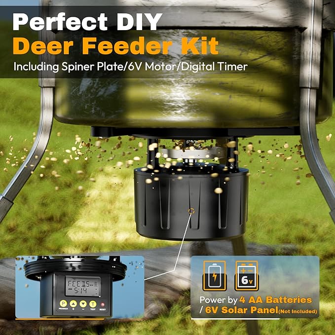 Deer Feeder Kit, 6V Feeder Kit, Feeder Motor & Timer Kit, Small-Size Game Feeder/Chicken Feeder, Sturdy Hunting Feeder Kit with Spinner/Digital Timer/Adjustable Arms/Batteries Slot/Solar Panel Port