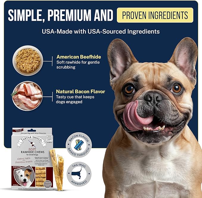 Tartar Shield Soft Rawhide Chews | Safe Dental Treats for Small Dogs | Vet VOHC Approved | Daily Bone Cleans Teeth & Gums Fresh Breath Oral Health Support | USA Made | (Small Dogs / 12 Count)