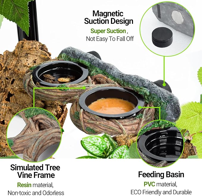 REPTI ZOO Magnetic Reptile Feeding Ledge, Gecko Feeder Ledge with 4PCS Cups, Hollow Vine Food Dish, Reptile Water Bowl for Bearded Dragon Lizard Snake Turtle, Terrarium Tank Accessories