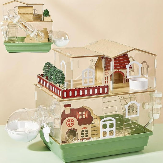 12 in 1 Clear Acrylic Hamster Cage with All Accessories,13.5''L* 10''W* 15''H Dwarf Hamster Cage,Magnetic Connection Small Hamster Enclosure,Garden Style Wooden Mouse Cage for Pet Mice(2-Layer,Green)