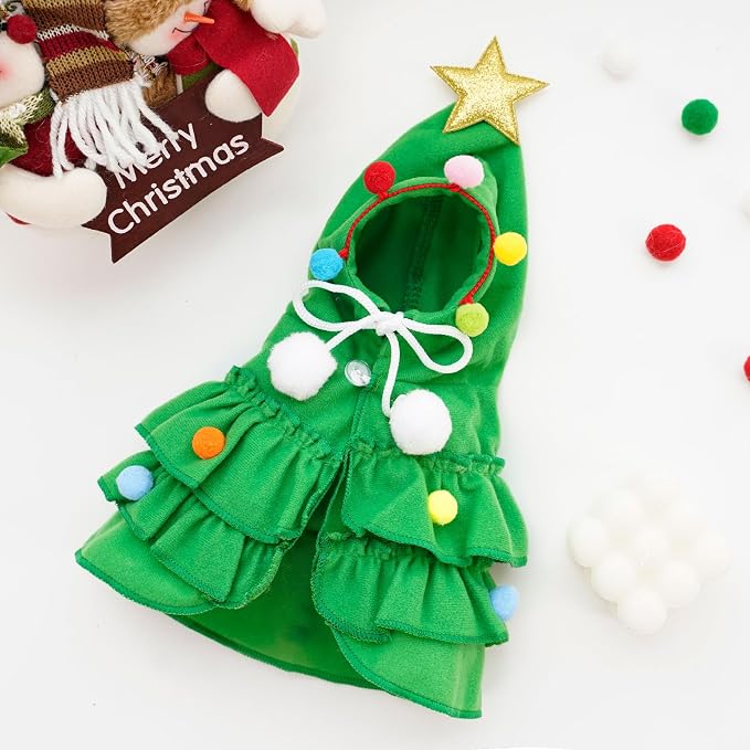 Vellibring Dog Christmas Outfit Green Pet Cloak with Hat with Star and Pompoms Puppy Cape Clothes Xmas Tree Elf Costumes Party Pet Supplies Accessories for Dogs Big Cats Santa Presents