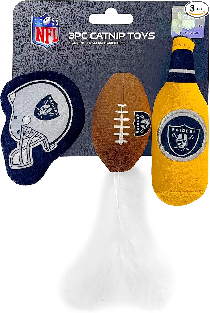 BEST PLUSH CAT TOY - NFL LAS VEGAS RAIDERS Complete Set of 3 piece Cat Toys filled with Fresh Catnip. Includes: 1 Helmet Cat Toy, 1 Football Cat Toy with Feathers & 1 Beer Bottle. Beautiful Team LOGOS
