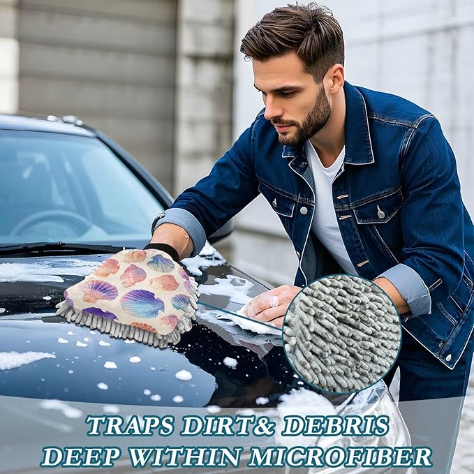 Car Wash Mitt Microfiber Wash Mitts for Car Washing Scratch-Free Cleaning Gloves Soft Non Absorbent Chenille Auto Hand Mitt Large 2Pack Beach Seashells
