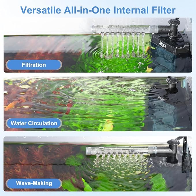 AQQA Internal Aquarium Filter - Submersible 40-100 Gallons Fish Tank Filters, Adjustable Wave Maker, Bottom Inlet Whisper Pump and Underwater Automatic Power Water Filter System for Freshwater (L)