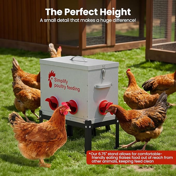 Hiqufet 40 lb Large Automatic Chicken Feeder with 6 No-Waste Ports – Outdoor Metal Chicken Feeders with Adjustable Stand, Rodent-Resistant Design & Riveted Handles for Chickens, Ducks & Poultry