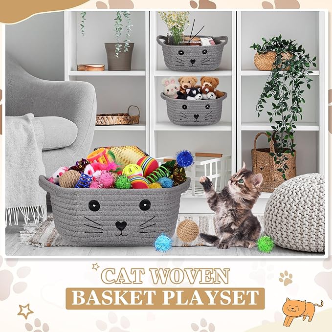Zopeal 58 Pcs Mother’s Day Cat Storage Basket Gift Toys Set, Colorful Flashing Balls Pet Bell Crinkle Balls Spring Toys Attract Cat to Swat, Hunt, Interactive for Pet(Grey,9.8 Inch)