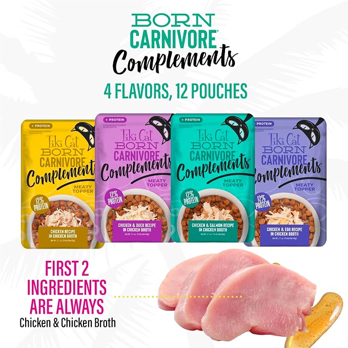 Tiki Cat Born Carnivore Complements Wet Cat Food Topper, High Protein & Limited Ingredient, Variety Pack 2.1 oz. Pouch (12 Per Box)