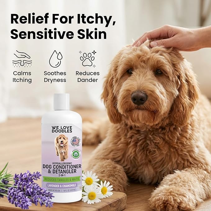 We Love Doodles Dog Conditioner & Detangler, 2-in-1 Conditioner for Allergies & Itching, Lavender and Chamomile, Made in USA, Dog Lotion Treatment, Perfect for Poodles, Doodles & Goldendoodles,16oz
