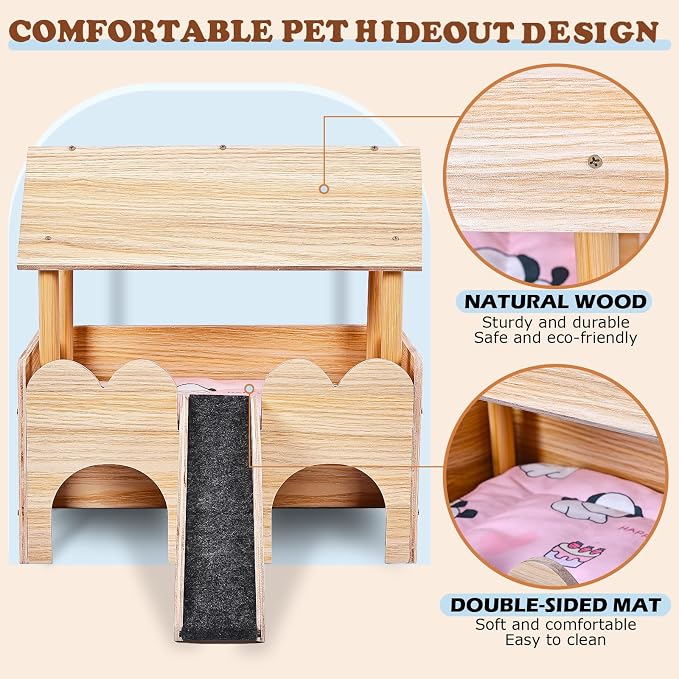 Guinea Pig Castle, Wooden Multi-Functional Pet House for Guinea Pig Hideout & Guinea Pig House with Ladder, Small Animal House Bed for Guinea Pigs, Chinchillas, Hedgehogs. Ideal Hideaway