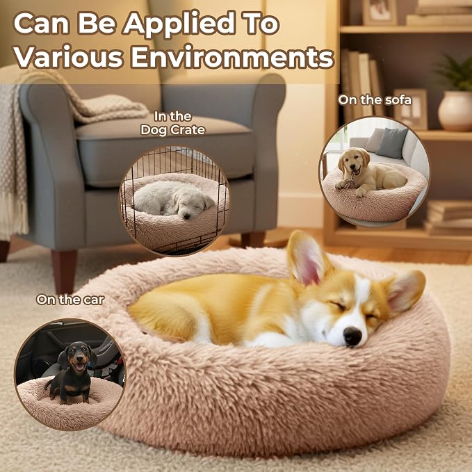 Calming Extra Large Donut Dog Bed, Anti-Anxiety Round Soft Fluffy Plush Faux Fur Washable Anti-Slip Pet Bed for Medium Dogs Up to 45 lbs 32in (Camel)