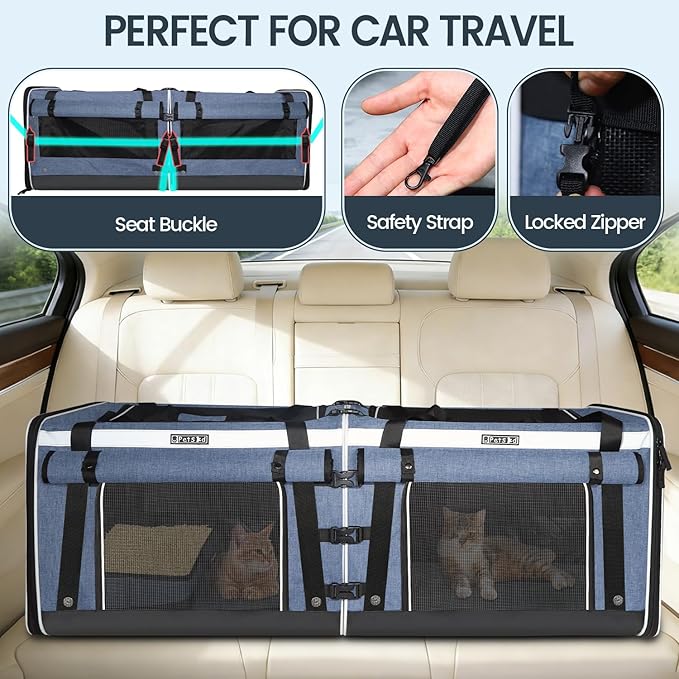 Petskd Double Extra Large Cat Carrier with Litter Box and Privacy Curtain, 48"x17"x17" Soft Cat Car Travel Carrier with Locking Zippers for Multiple Cats Long Distance Trip(Blue)