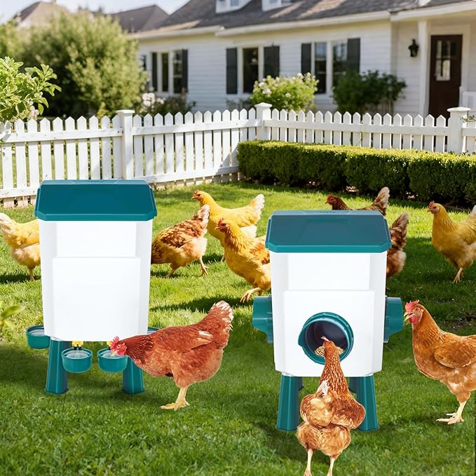 Chicken Feeder and Waterer Set 3 Gallon/26.4 Pounds, Automatic Chick Feeder and Waterer Set No Waste, Poultry Feeder Large for Hens/Ducks/Poultry