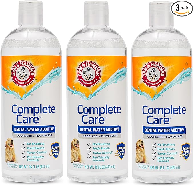 Arm & Hammer Complete Care Dog Dental Water Additive, Odorless Flavorless Daily Oral Care Solution with Baking Soda and Calcium for Plaque, Tartar, and Fresh Breath, 16 Fl Oz - 3 Pack