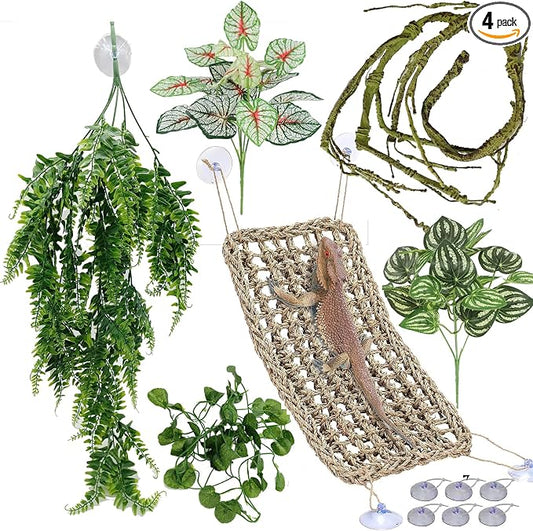 Reptile Plants for Bearded Dragon Tank Accessories, Terrarium Plant Artificial Decor for Snake Cage, Fake Plant for Leopard Gecko Habitat, Lizard Chameleon Ball Pythons (Group BPN)