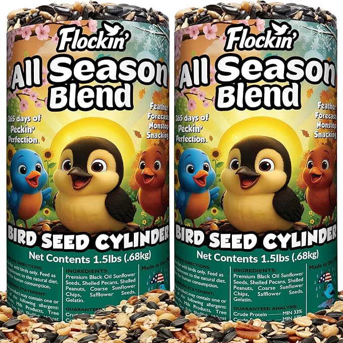 All Year Round Bird Seed Cylinders with Hole – All Season Wild Bird Food for Blue Jays, Cardinals, Doves, Finches & More – High Energy All Natural Blend, No Fillers – USA Made (4" x 7.75") 2 Pack