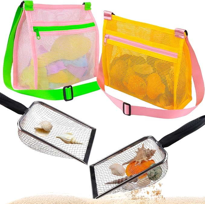 MUYIZI Beach Mesh Shovel with Mesh Beach Bag for Shell Collecting, Kids Sand Sifter for The Beaches,Shell Scooper for Beaches,Shark Tooth Sifter Dipper,Sea Shell Bags for Kids,Sand Toys (Pink+Yellow)