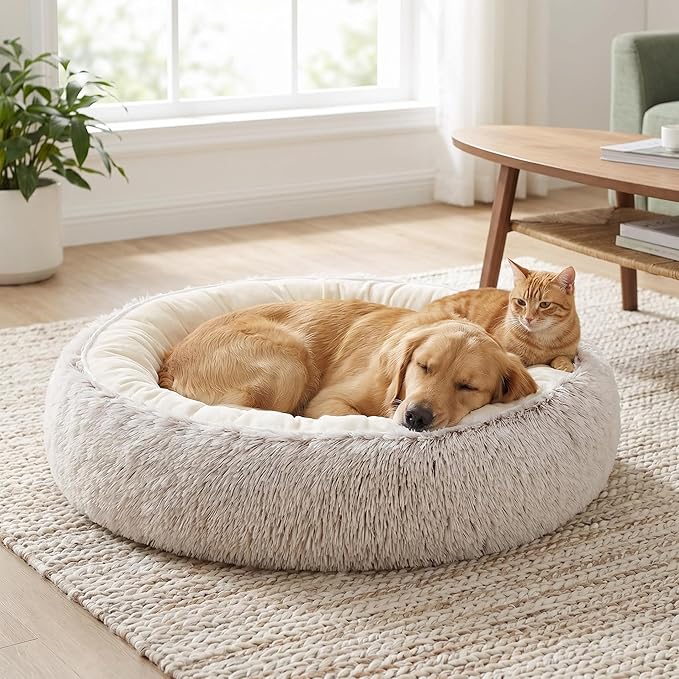Calming Donut Dog Bed Cat Bed, Fluffy Long Fur Outer & Short Fur Inner, Sweat-Free Cozy Cuddler, Non-Slip Bottom,for Small Medium Dogs Cats Puppy Kitten (Donut Bed - Coffee Color, Medium 19.7 Inches)