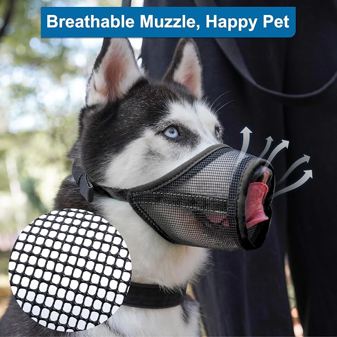 LUCKYPAW Dog Muzzle, Mesh Muzzle for Large Medium Dogs, Soft Mouth Cover to Prevent Biting Chewing, Drinkable Breathable Adjustable Puppy Mouth Guard (L, Black)