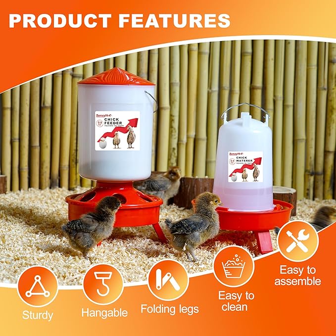2-in-1 Chick Starter Set: 0.8 Gal Top Filling Feeder and 0.4 Gal Waterer with Adjustable Legs for Baby Chicks, Includes Scoop, Hanging Hooks, Anti-Drown Design (Red)