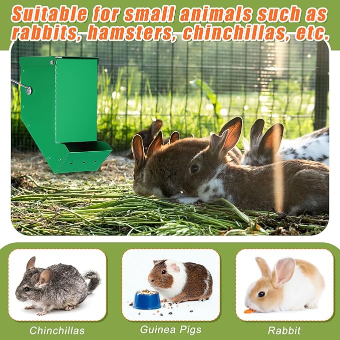 Maxcheck 2 Pcs Rabbit Feeder for Cages Small Animal Food Pellet Dispenser with Lid Metal Chicken Grit Oyster Shell Squirrel Feeders Outside(3.2 Inches,Mesh Bottom,Green)