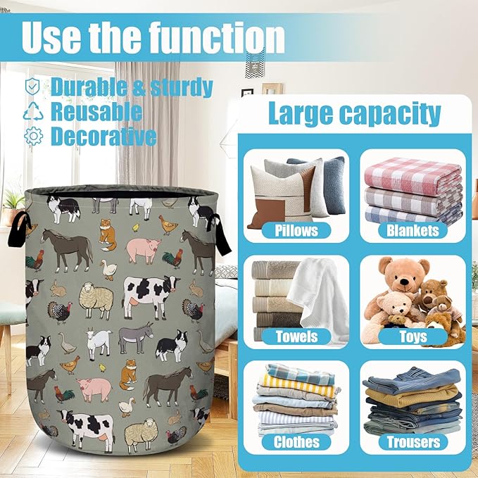 Funny Farm Animal Laundry Basket, Laundry Hamper Collapsible Oxford Cloth with Handle Clothes Storage Bin for Bathroom Laundry Room Bedroom 15.7 X 20 Inch