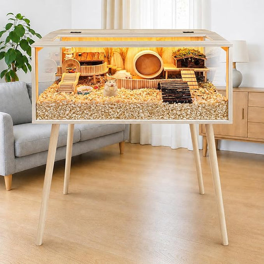 PROLEE Hamster Cage Wooden Chew Proof, Extra Large Mice and Rat Habitat Openable Top with Acrylic Sheets Solid Built Small Animal Cage with Leg Stands, 48 Inch Long
