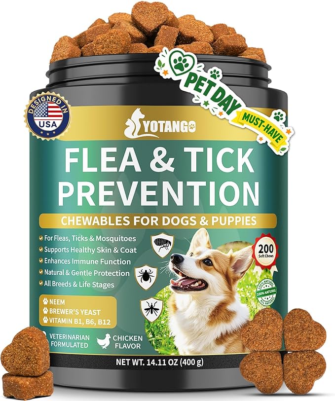 YOTANGO Flea and Tick Prevention for Dogs Chewable, 200 Soft Treats Natural Dog Flea and Tick Treatment Chewable, Oral Flea Supplement Chews, Skin & Coat Support for Dogs Puppies - All Breeds & Ages