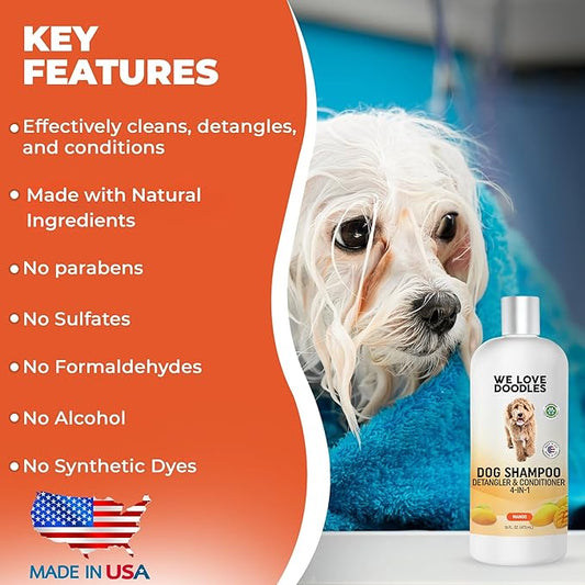 We Love Doodles Dog Shampoo, Conditioner, & Detangler - Shampoo for Dogs, Goldendoodles, Poodles & Doodles, for Matted Pet Hair & Sensitive Skin, Made in The USA, Mango, 16 oz