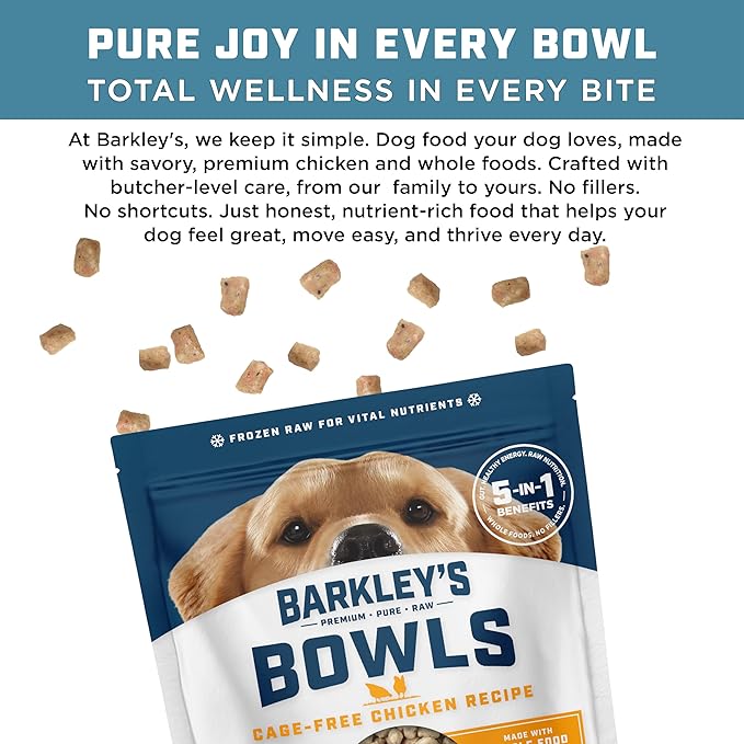 Barkley’s Bowls, Frozen Raw Chicken Dog Food, Fresh Whole Food Ingredients, Cage-Free Chicken, Grain Free, Dog Food Toppers, Human Grade Ingredients, All Dog Breeds, Ages, & Sizes, 4 lb Bag (6 Pack)