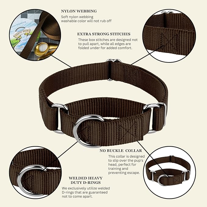 Country Brook Petz - Martingale Dog Collar - Heavy-Duty Training Collar with No Buckle - Service Dog Collar for All Pups - 20 Vibrant Colors (Brown, 5/8 Inch, Extra Small)