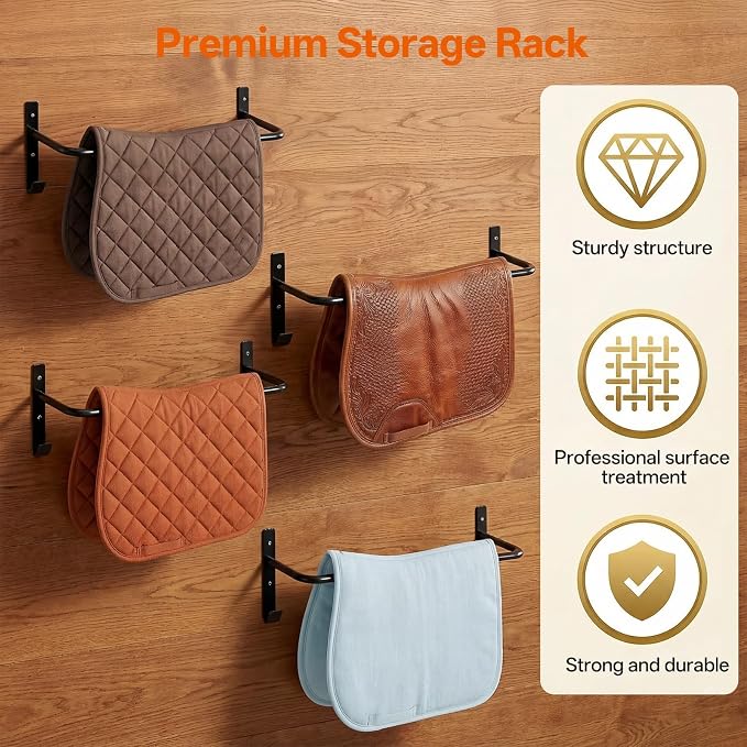 4Pcs Horse lanket Rack with Bridle Hooks, 34 Inch Steel Wall Mounted Removable Horse Blanket Bar, Can be installed on stall doors, Saddle Pad Rack for Hanging Blankets Pads, Saddle Blankets, Black