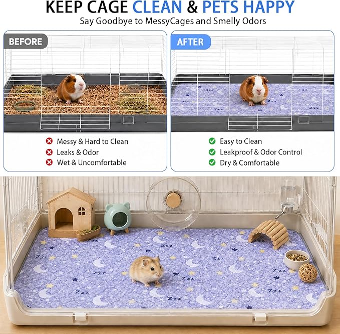 Guinea Pig Cage Liner 2 Pack Super Absorbent Washable Guinea Pig Pee Pads Waterproof Reusable Anti Slip Bedding Pee Pad Mat for Rabbit Bunny Rat Cat (Stars&Moon, 28" x 14" (2 Pack))