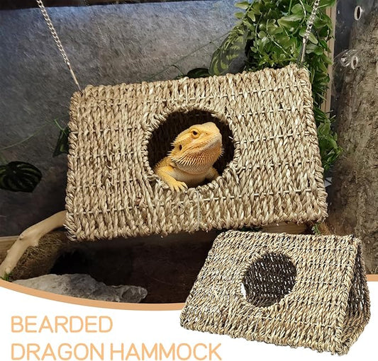 Reptile Hide Cave,Hollow Gecko Hide,Hanging Seagrass Fiber Bearded Dragon Hammock Swing Lizard Cage Climbing Toys with Suction Cups&Chains,Reptile Tank Decor with Simulation Plants-Triangle L