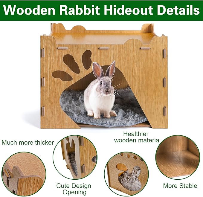 Yesland Rabbit Hideout Castle, Large Wooden Bunny Houses and Hideouts with Pet Pad, Detachable Small Animal Play Hideaway Hut and Playhouse for Indoor Bunnies Guinea Pig Hamster Chinchilla Gerbi