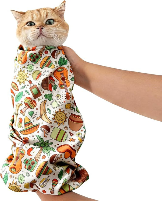 33.5" Cat Grooming Wrap,cat wrap for Cutting Nails,Self-Adhesive cat Swaddle wrap cat Restraint cat wrap Blanket for Medicine, Nail Clipping, Teeth Brushing,White Guitar(Within 22lbs)