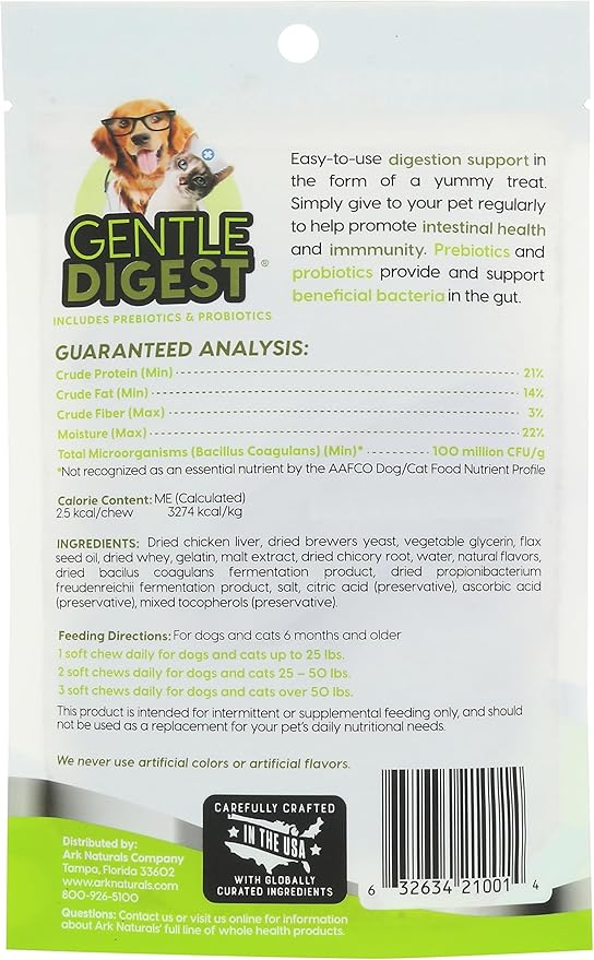 Ark Naturals Gentle Digest Soft Chews, Vet Recommended Dog and Cat Prebiotics and Probiotics, Digestive and Immune System Support, 1 Pack