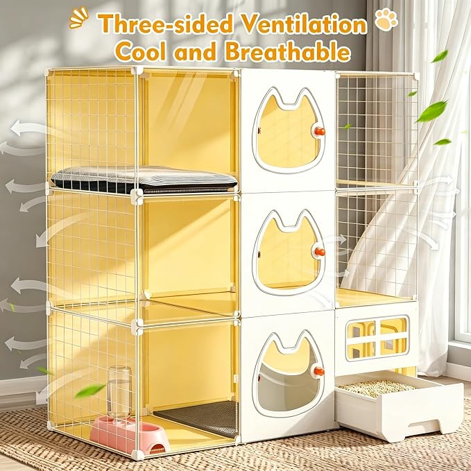 Cat Cage with Litter Box & Clear Door,Indoor Cat Cage Playpen,DIY Cat Enclosures,Multi-Level Detachable Metal,Ferret Cage 42" x 18" x 42"