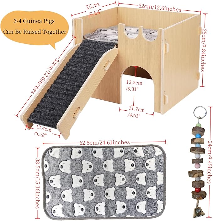 Guinea Pig Hideout, Small Animals House with | Mat Ramp | Cave | Blanket | Toy |, Wooden Detachable Castle for Guinea Pig Cages Accessories, Bed Hut Habitats for Hamster Bunny Playing Sleeping Hiding