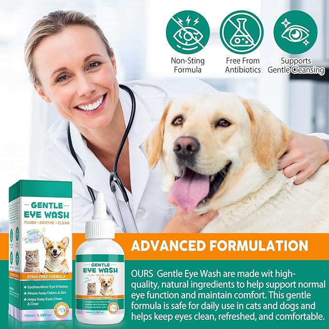 Eye Drops for Dogs and Cats - Safe to Lick, Itchy Eyes Relief & Redness Reduction, Non-Antibiotic Daily Care for Tear Stain Removal, Pet Eye Wash Vet-Formulated with Oat Glucan, 3.38 oz
