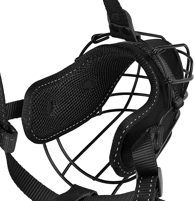 OOPSDOGGY Pitbull Dog Muzzle Reflective Metal Mask Secure Wire Basket Muzzles for Large Sized Dogs Amstaff Soft Cage to Prevent Biting Chewing with Adjustable Nylon Straps (Black, Pitbull)