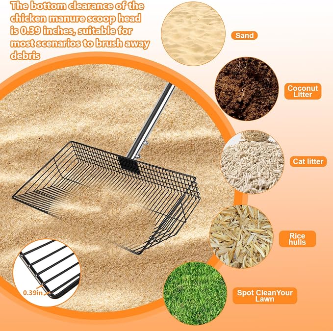 Chicken Poop Scooper for Sand, 15-Inch Large Adjustable Metal Chicken Manure Scoop, Chicken Coop Scooper for Sand Suitable for Chicken Coops, Rabbit Coops, Stables, Gardens, Beaches