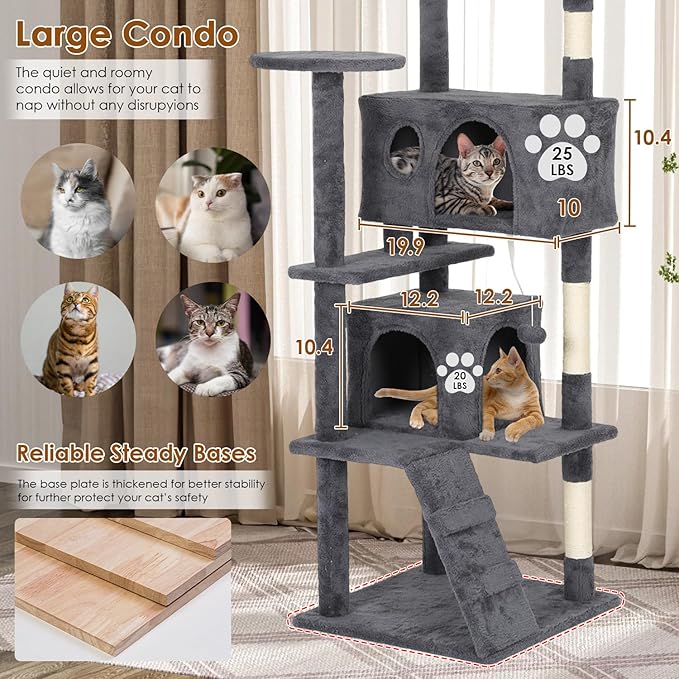 PayLessHere Cat Tree 62in Cat Tower with Cat Scratching Post,Multi-Level Cat Condo Stand House Furniture Kitty Activity Center with Furry Ball Toys Cat Tree for Indoor Cats,Dark Gray