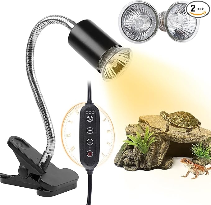Turtle Basking Light (Cycle Timer), Tortoise Lamp UVA UVB Heat Bulbs -2 Pack 50W, 360°Rotatable Turtle UVA/UVB Basking Heat Light Bulb for Lizard, Beared Dragon